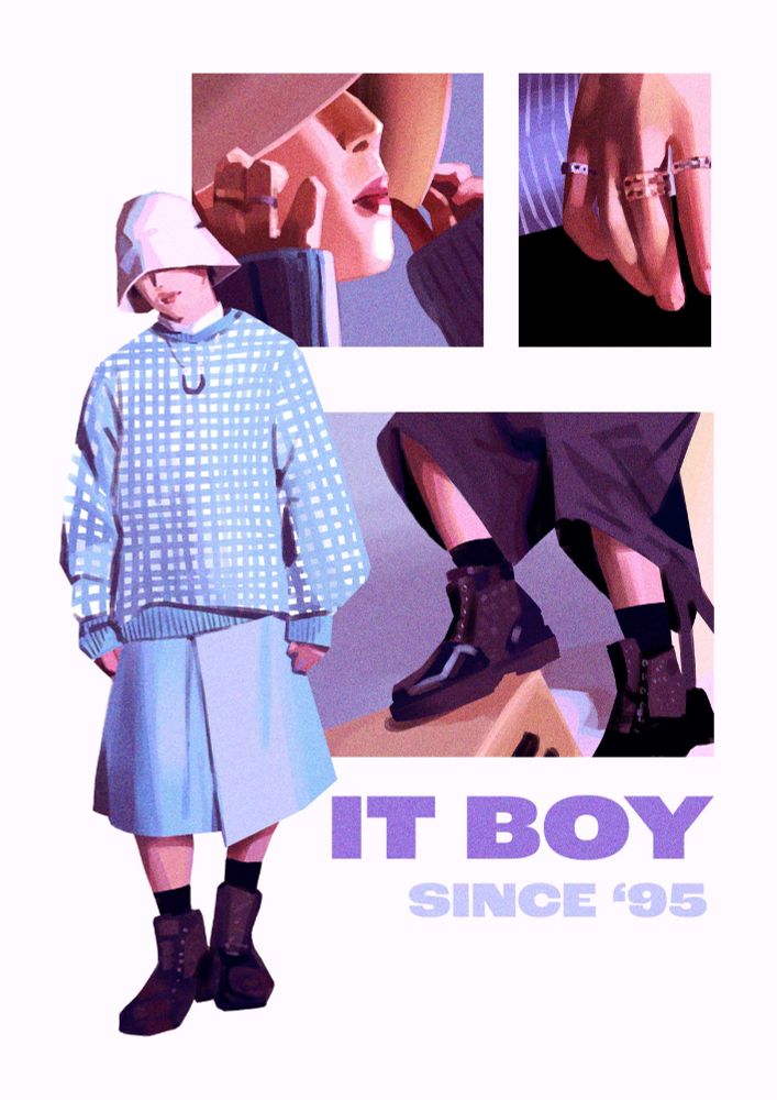 fanart of jimin in a baby blue dior fit with skirt that he wore for his bazaar photoshoot