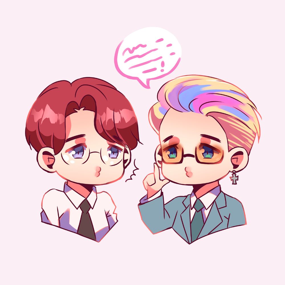 chibi jimin with red hair and glasses from dope era chatting with chibi jimin with blonde and rainbow highlights from butter era