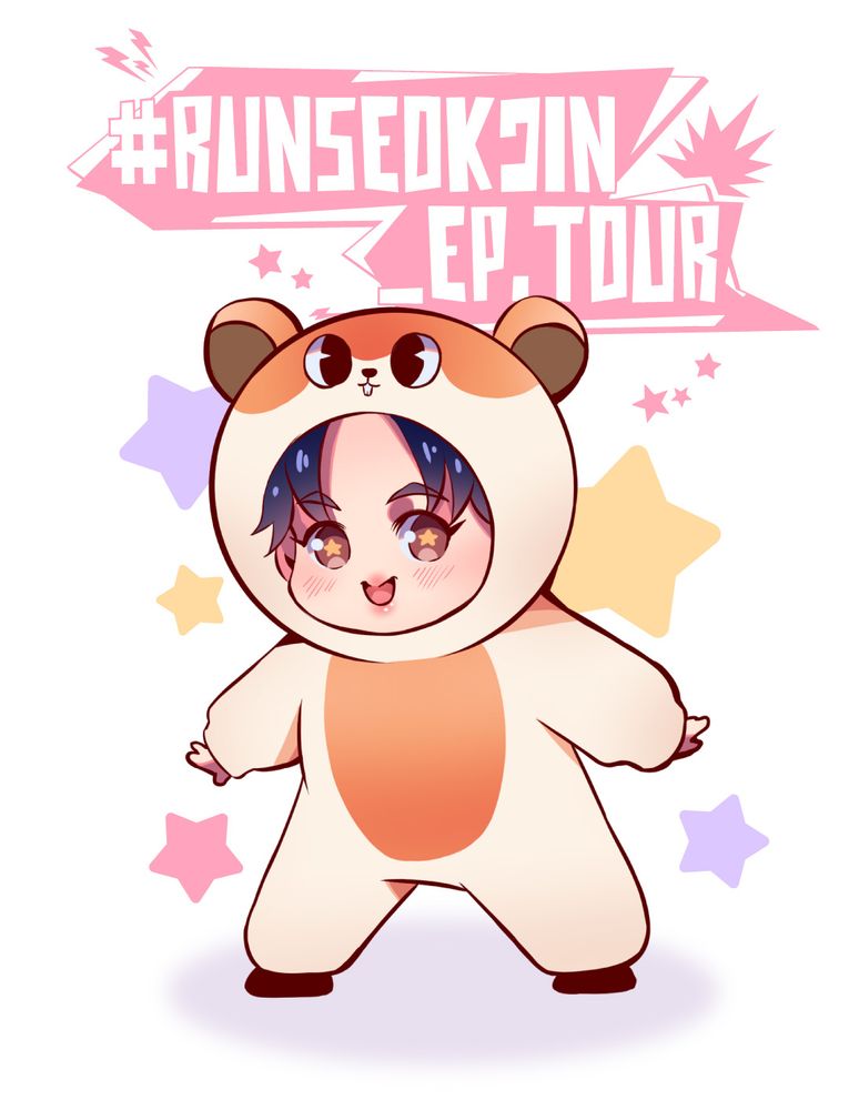chibi jin in a hamster costume like he wore in amsterdam. he's surrounded by cute colorful stars 