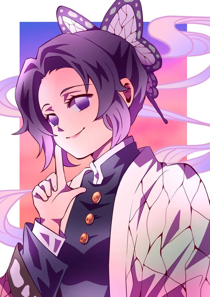 purple and orange themed shinobu fan art where she's smiling with a finger against her cheek