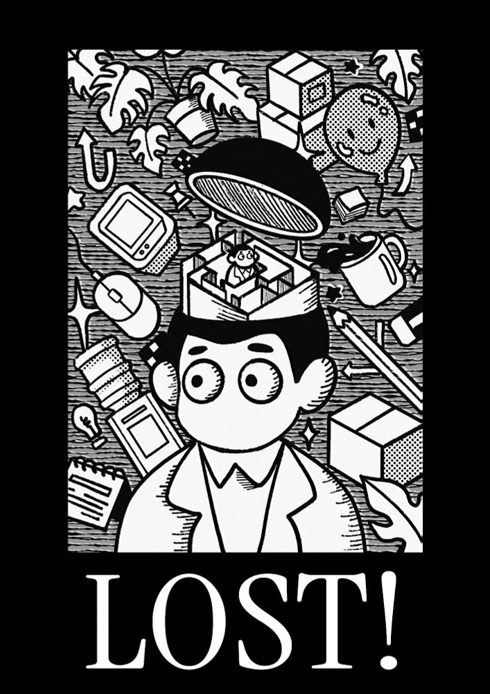 cartoon illustration inspired by the LOST! MV by RM. it features a retro graphic novel style in black a while and thick outlines + screentones