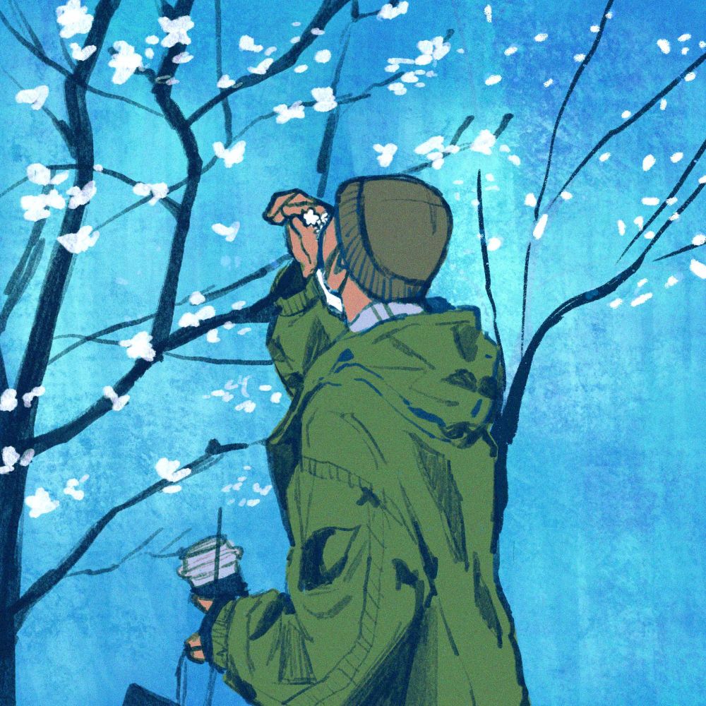 namjoon art of him in a green jacket smelling flowers. the style is mildly inspired by impressionistic works.