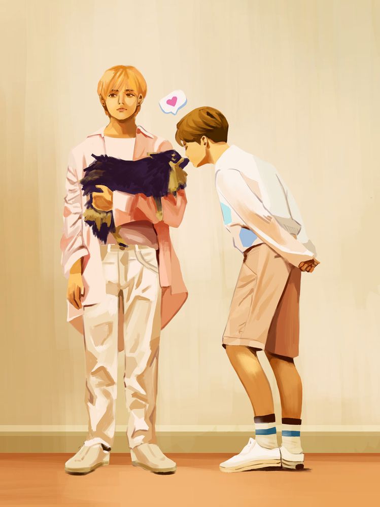 art of taehyung holding yeontan and jimin giving him a kiss on the nose