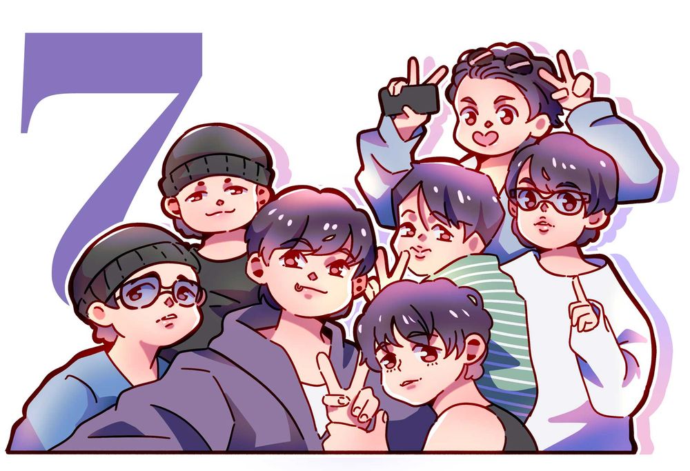 chibi ot7 drawing of all the tannies together at the beach. has a white background and a big seven :)