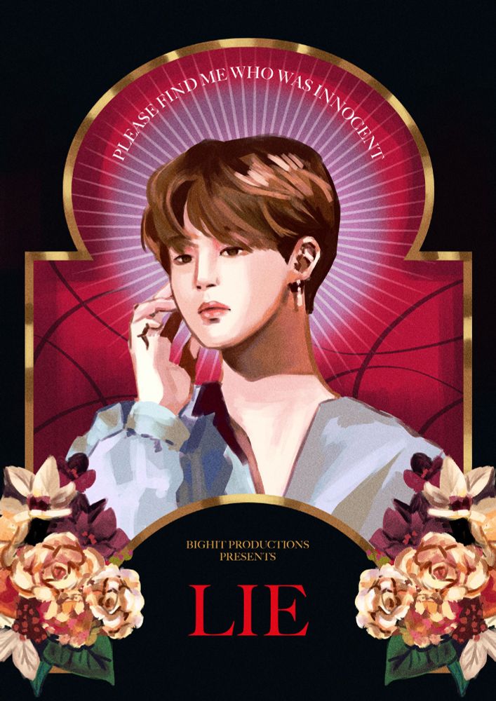 jimin art inspired by the sympathy for lady vengeance poster. it's jimin with his hand to his face with a halo behind him and framed in red/gold. 