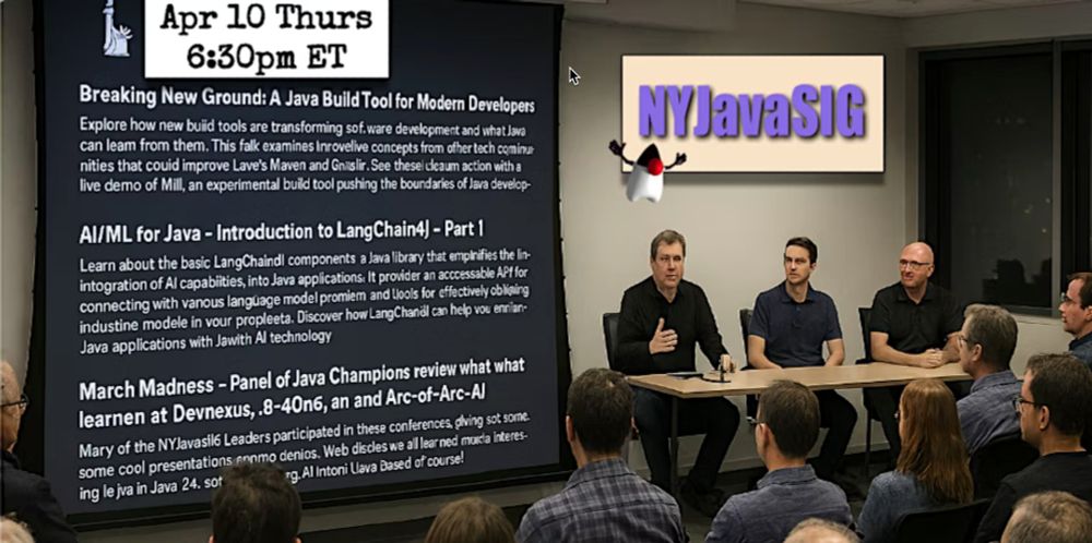 Apr 10 Thurs - 6:30pm ET. in box about abstracts for three sessions on left. On right is a panel of three guys sitting around a table with audience members. On top is NYJavaSIG with Duke flying near it.
