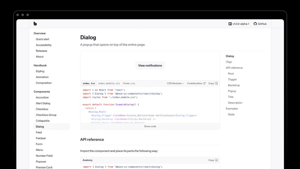 A screenshot of the upcoming Base UI docs
