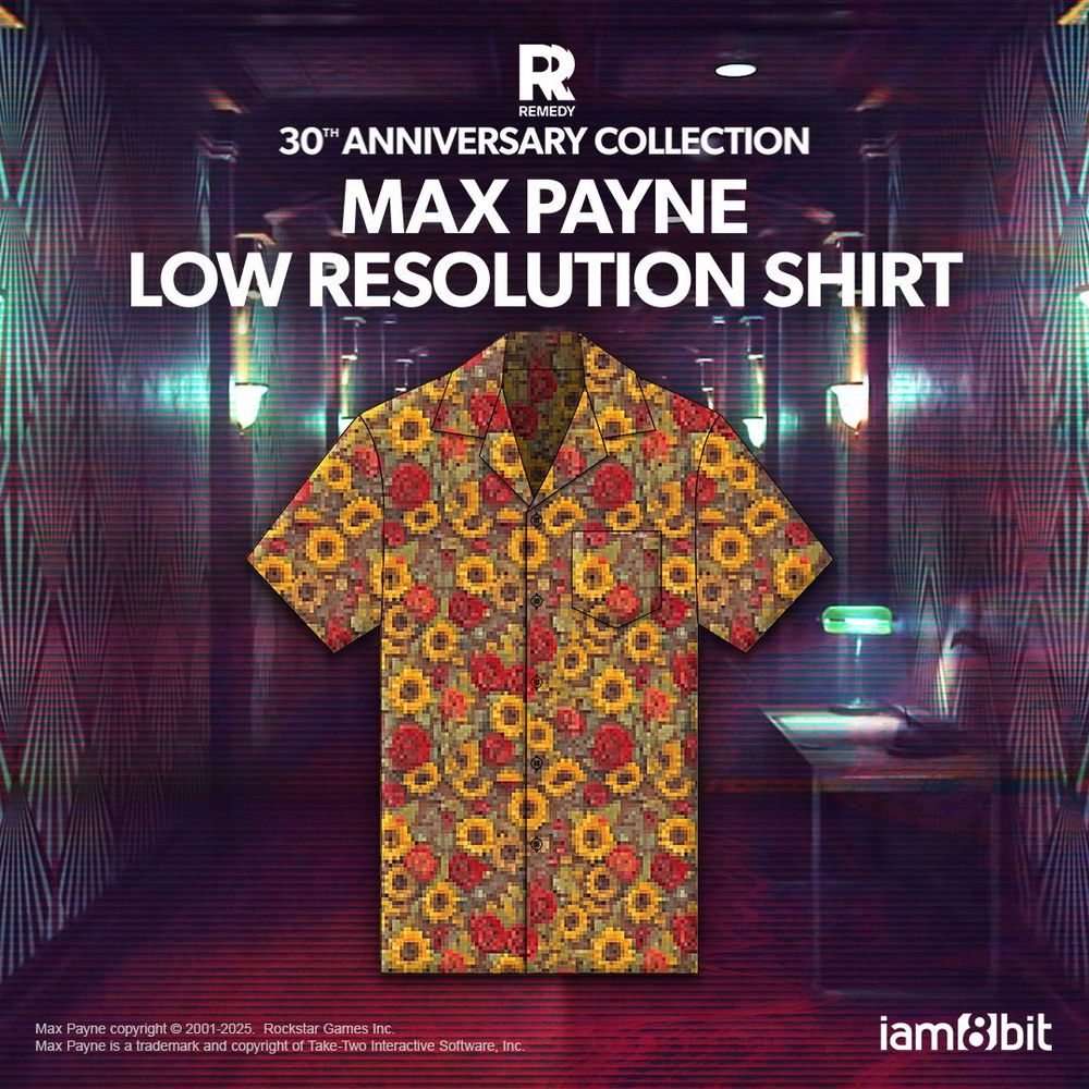 The Remedy 30th anniversary collection featuring Max Payne low resolution shirt. Created by iam8bit, the button-up, short sleeve shirt features red roses and yellow sunflowers.