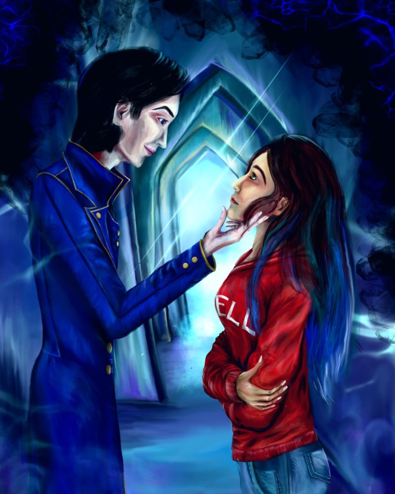 A white man with black hair in a dark blue and gold victorian trench coat and a brown woman with blue dyed hair wearing a red college hoodie and jeans stand in profile against a twisty blue hallway with oddly aligned doorways, wreathed in wisps of blue light and mist. The man holds the woman's chin in one hand with a slight smirk while the woman stares back at him with arms folded in open defiance.