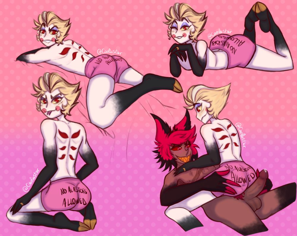 Lucifer in different positions, showing his magnificent booty, wearing shorts that read "No Alastors allowed". On the last one, he is straddling Alastor who is having a bit of trouble being denied 🤭