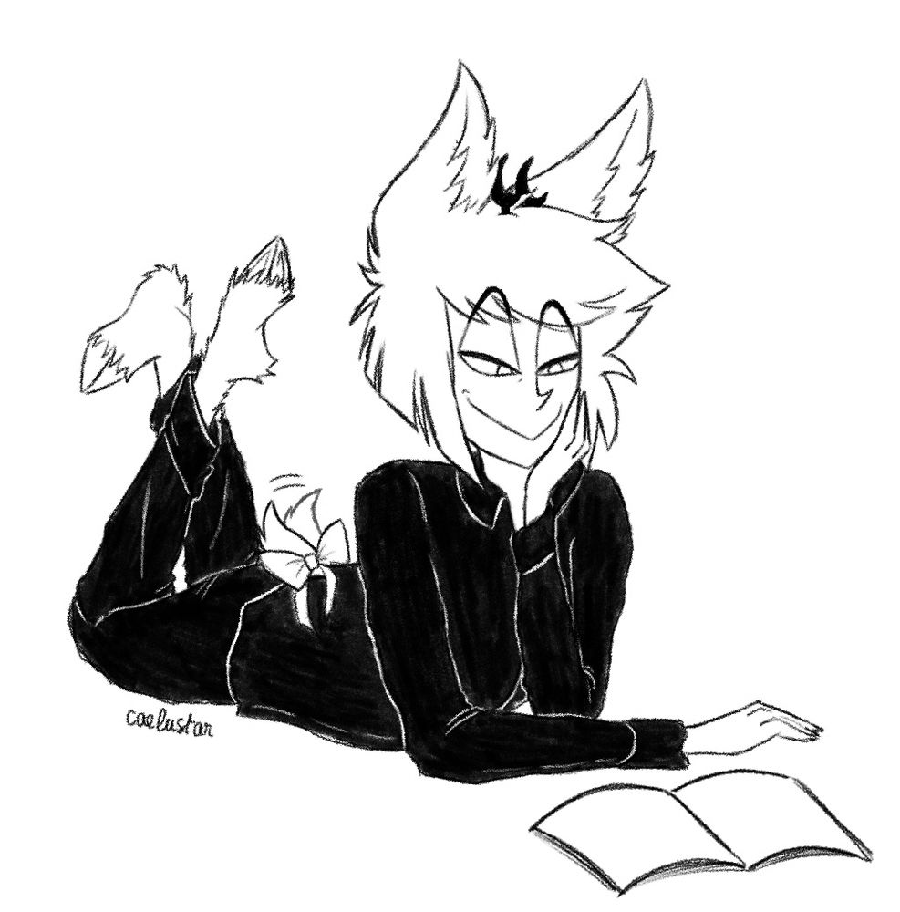 From the fanfiction "Lucifer and His Terrible, Horrible, No Good, Very Bad Relationship. Laying on his stomach, in a black silk pajama, reading a magazine. His hooves are up in the air and his tail is wearing a bow, wagging.