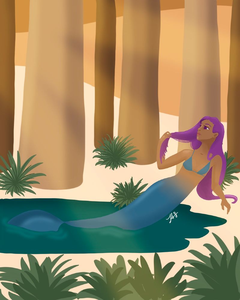 A digital illustration of a mid-brown-skinned mermaid with purple hair leaning in the water of a desert oasis. 