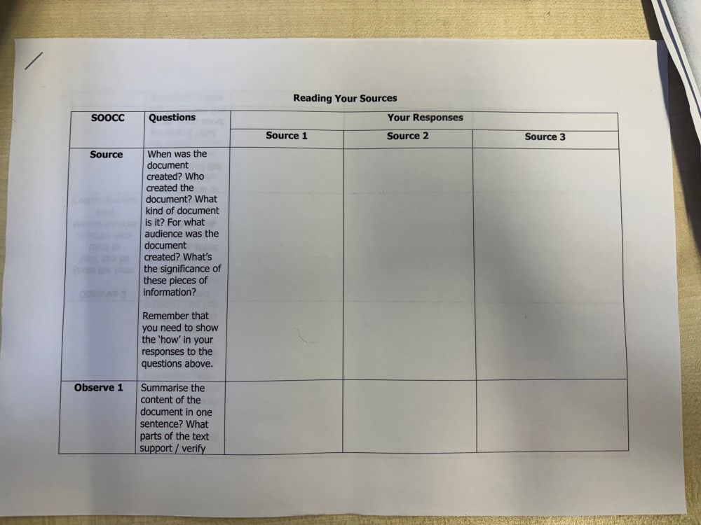 A table on a handout titled reading your sources. 
 Text reads 

Reading Your Sources
SOOCC
Questions
Your Responses
Source 1
Source 2
Source 3
Source
When was the document created? Who created the document? What kind of document is it? For what audience was the document created? What's the significance of these pieces of information?



Remember that you need to show the 'how' in your responses to the questions above.



Observe 1
Summarise the content of the document in one sentence? What parts of the text support / verify



