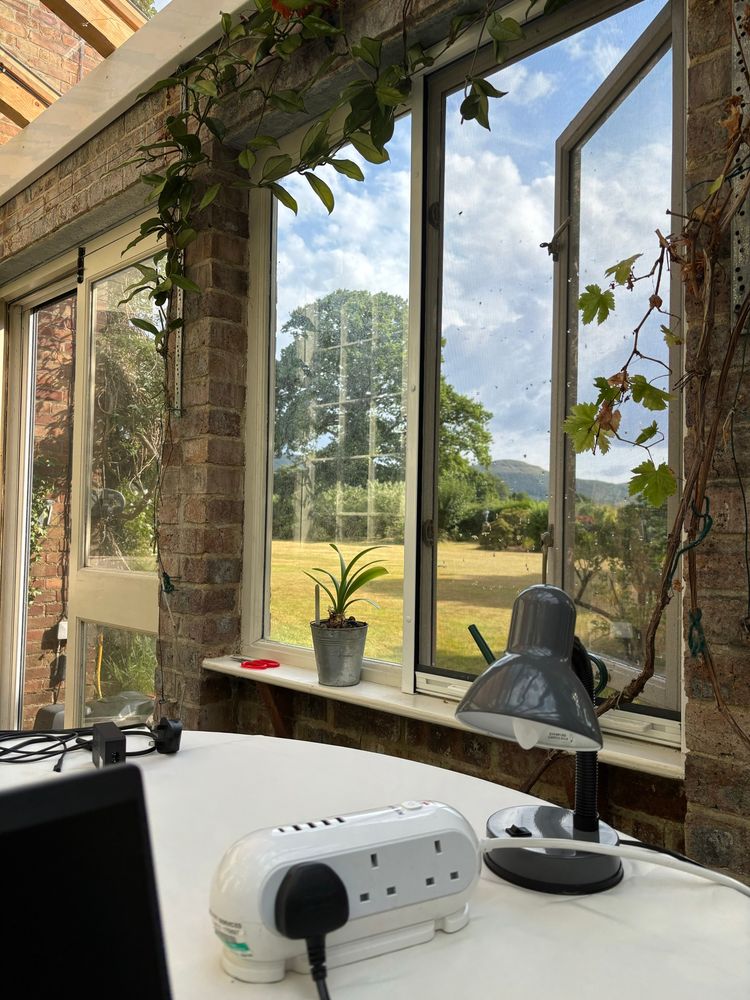 A side picture of a window and door with hills and oak tree in the distance. Table near by