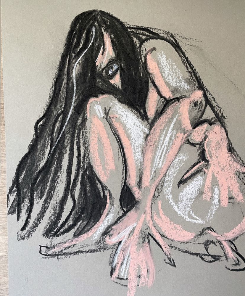Pastel sketch of a woman with long hair posing with one knee bent and the other tucked beneath her. 