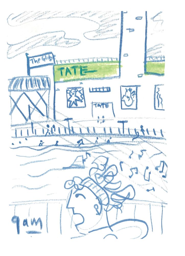 Sketch in blue pencil of a woman running with a determined expression past Tate Modern and Shakespeare’s Globe.  It is 9am 