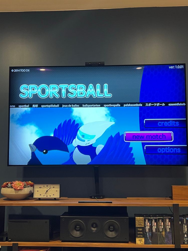 The game “Sportsball” from TOO DX, 2014, displayed on an OLED TV played on a Wii U. 