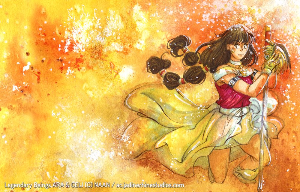 Landscape picture. The picture is done traditionally with markers, acrylic and watercolors. There is only one figure here, against a firey-esque background of oranges, yellows and reds, watercolor style.

Miyara's kneeling down in her alter ego's outfit, Eternal Ara, holding her sword the way a knight would in those medieval art illustrations. She's looking directly at us, confident, as if she knows what will happen and how scared she isn't.

Part of the background is overtaking her figure, as if it were "burning" her in a kind of baptism of fire.