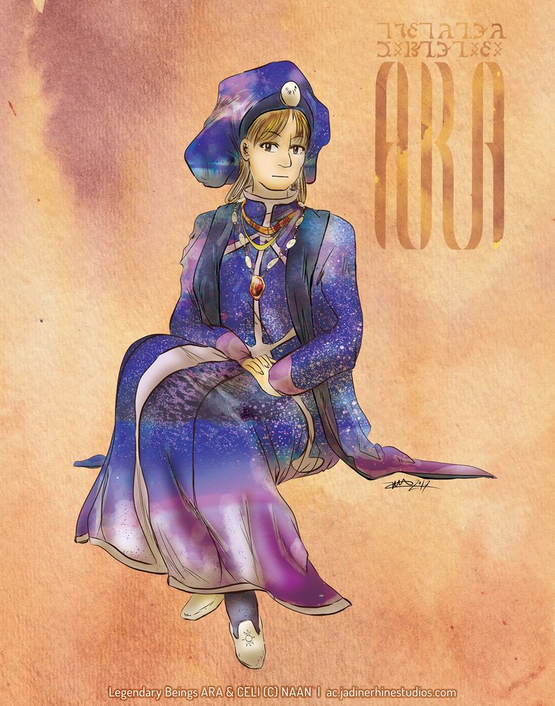 Color picture featuring a woman, Ara, dressed in clothes reminiscent of the medieval / renaissance era, albeit slightly more modern. She has on a large professor's like hat, like those worn by Da Vinci, with a large pearl in the front middle. Her dress is long, reaching her legs, and she's wearing a long coat that is also similar to a professor, with a dark blue large border. She's wearing multiple necklaces, including one with a large red gem. She's wearing gradient blue stockings, with white shoes that look like slippers but aren't.

Her entire outfit is purple, save for the white trims on her dress that are in a lined pattern. However, the purple comes from a gradient and texture mix, where half the dress looks like the galaxy.

Her expression is emotionless, unable to be determine if she's serious, mad or disappointed. She's posed like waiting for someone, legs together and hands twined together on her lap.

The background is a brown paper texture looking like watercolor, and next to her at her left top is text in Enochian and her name. The Enochian text is two lines, dakiniara esrevinu. What does it mean, I don't know, it's a MYSTERYYYYYY.
