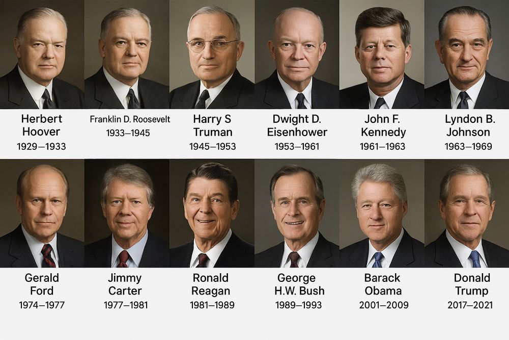 ChatGPT image from "Show me a diagram of the US presidents since Herbert Hoover, with their names and years in office under their photos"