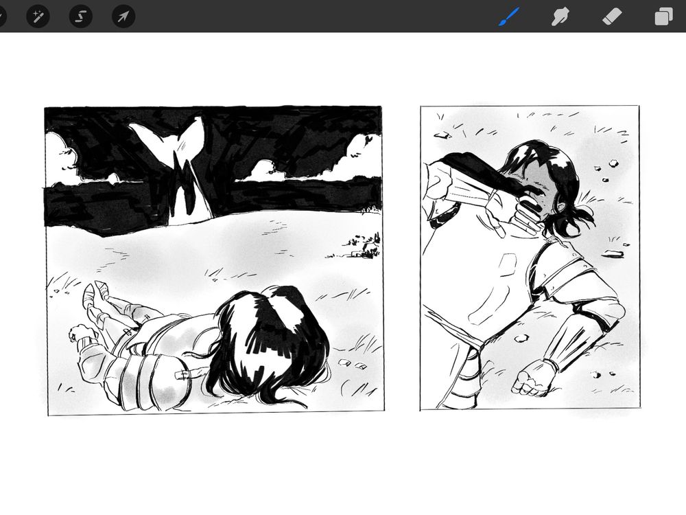 Two comic panels showing a knight laying in the grass while an orca swims through the sky