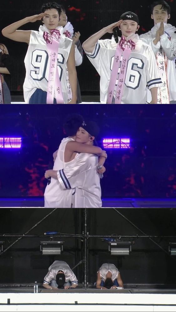 Three images of Lee Jihoon and Kwon Soonyoung, the first of them saluting, the second of them hugging and the third of them on the ground in a full bow.