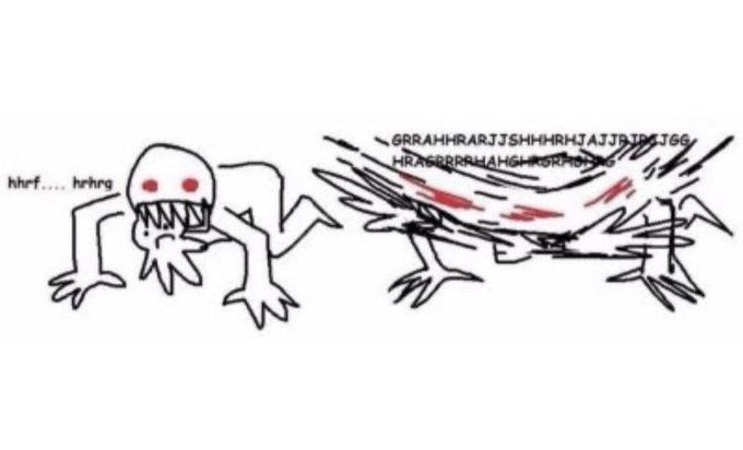 Drawing of a person on all fours holding something in their mouth and an adjacent drawing of them shaking it along with their entire body and screaming.