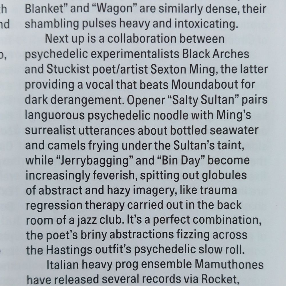 Review copy- next up is a collaboration between psychedelic experimentalists Black Arches and poet/artist Sexton Ming.... opener Salty Sultan pairs languorous psychedelic noodle with Ming's surrealist utterances about bottled seawater and camels frying whole Jerrybagging and Bin Day become increasingly feverish, spitting out globules of abstract and hazy imagery. It's a perfect combination, the poet's briny abstractions fizzing across the Hastings outfit's psychedelic slow roll. 