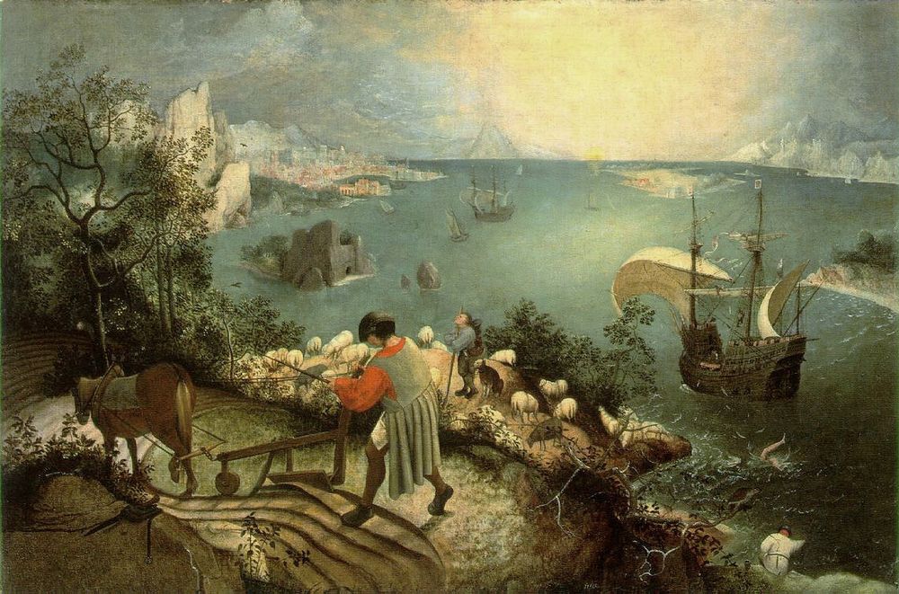 Landscape with the Fall of Icarus - oil painting by Pieter Bruegel (16th Century) depicting the limbs of the partially submerged icarus splashing above water, unnoticed by a nearby farmer 
