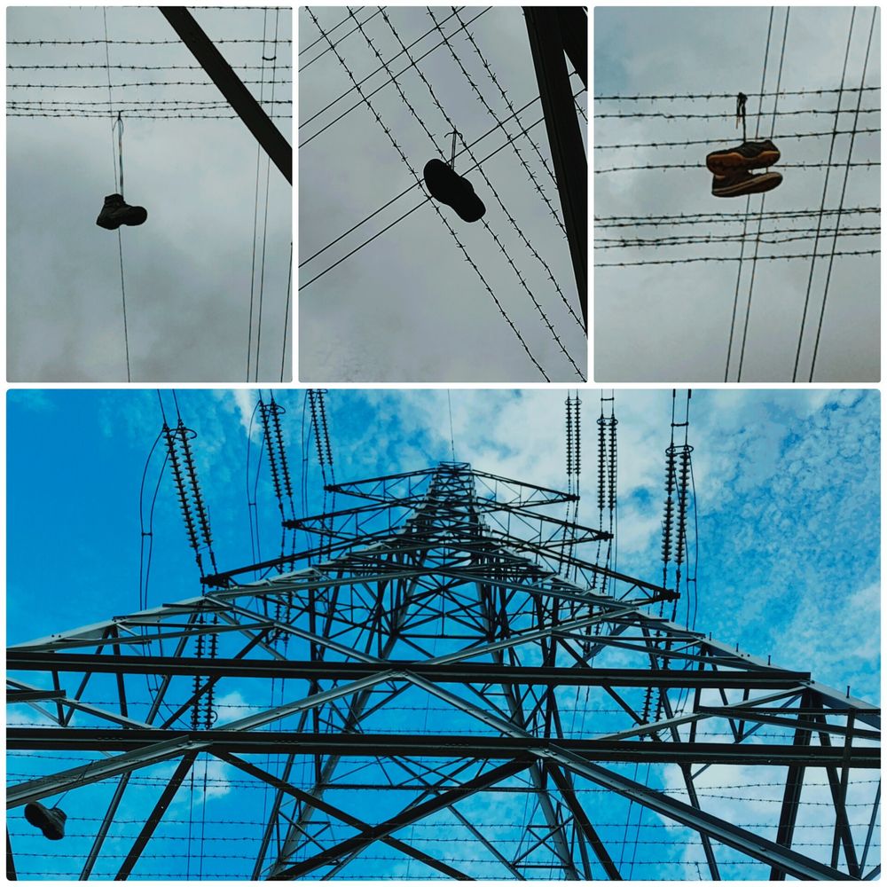 Collage of photos, including a shot of an electricity pylon from below and three photos of shoes hanging from the pylon 