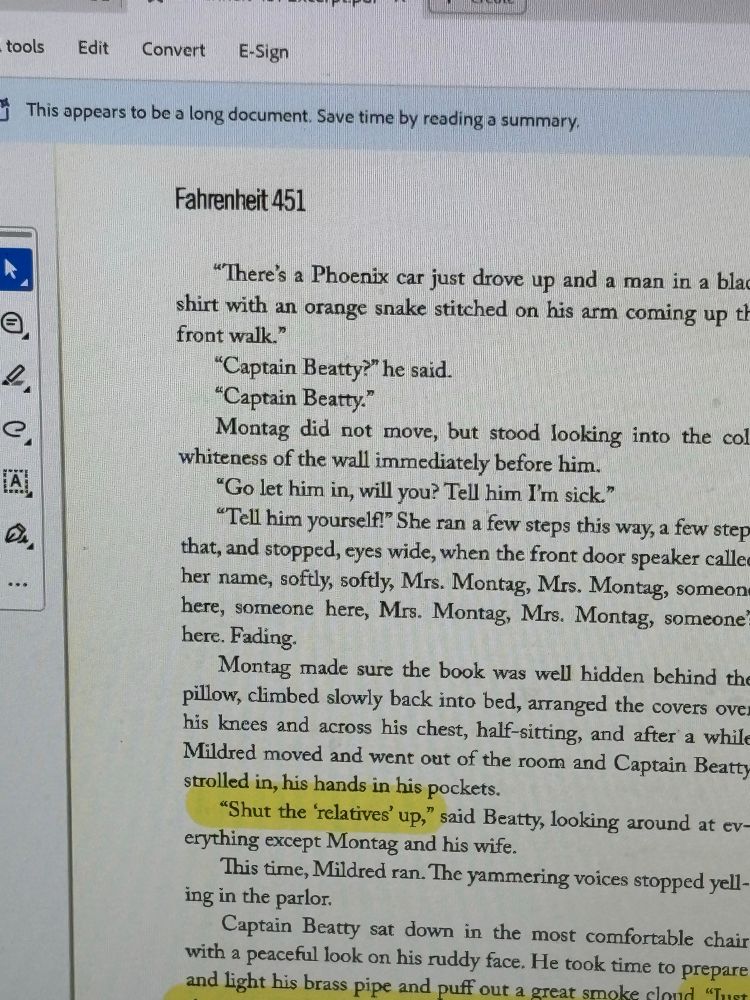 An excerpt from Fahrenheit 451 with some lines highlighted for ease of reading for a recording. A pop-up message from Adobe is at the top that reads “This appears to be a long document. Save time by reading a summary.”