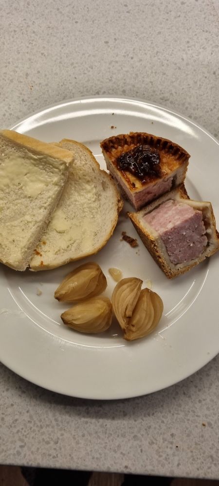 Birds Porkpie (Birds are bakers, based in Derby, UK), bread and butter, pickled onion and @branston pickle