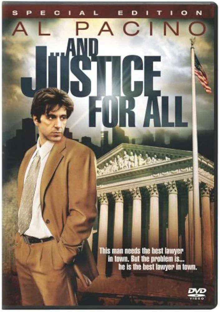 dvd cover of the film And Justice for All where Al Pacino's head is mismatched to his body to the point where his head it turned in an impossible angle. 