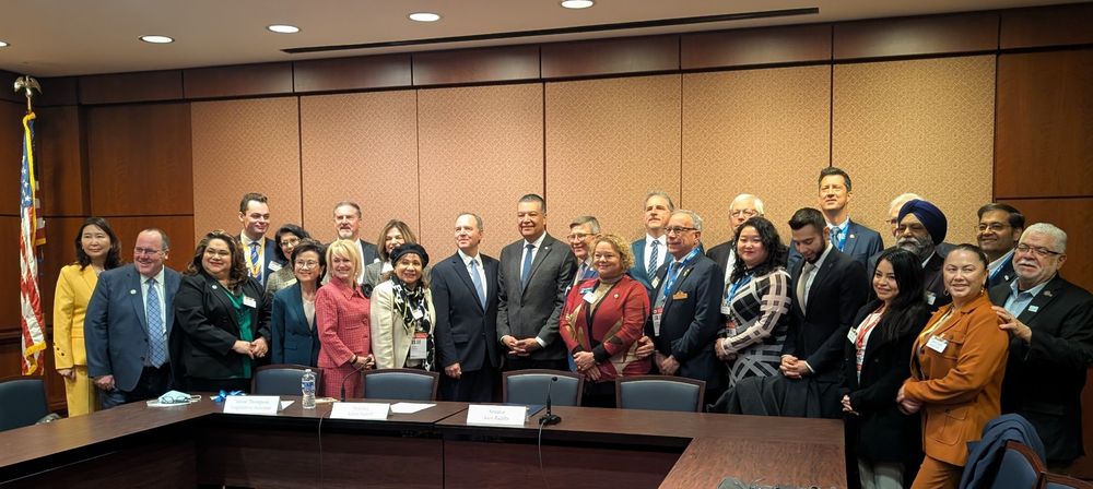 California mayors standing with Senators Padilla and Schiff