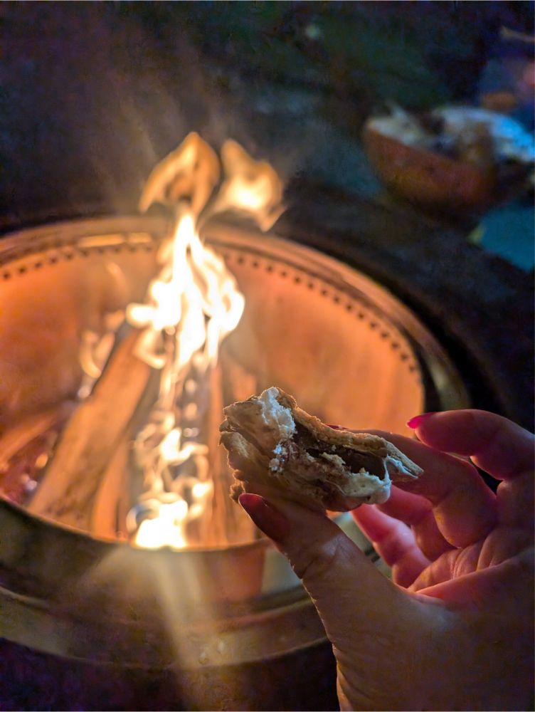 A hand holding s'mores with a fire pit in the background 