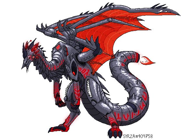 Pixel art of a gray and red dragon mech. She is bipedal with large wings sprouting from her hunched back. There are glowing red runes along the side of her body