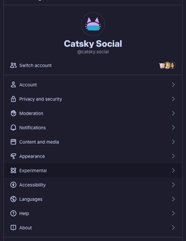 catsky social settings showing that there's now an 'Experimental' settings tab.