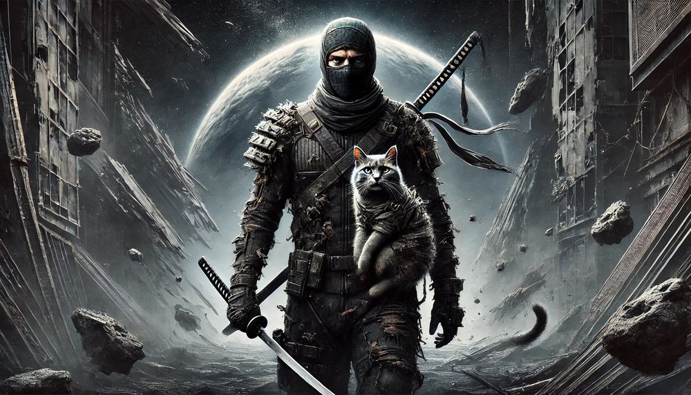 A ninja and a cat, in space. 