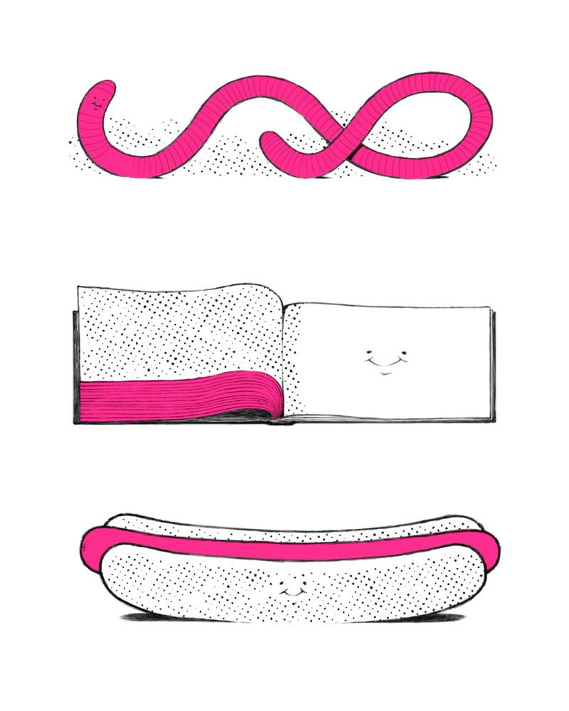 Cartoon drawings of a worm, open book, and hotdog