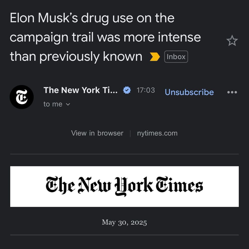 Screenshot of an email from the NYT with subject line “Elon Musk's drug use on the campaign trail was more intense than previously known”