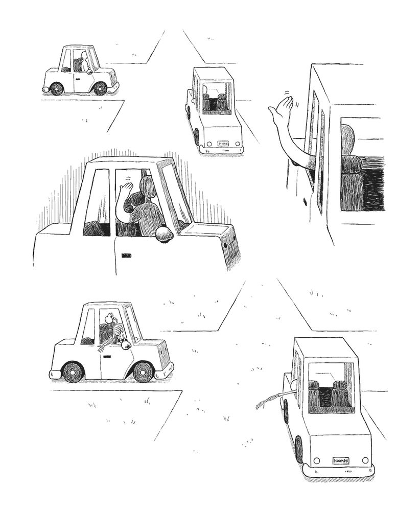 Two cars meet at an intersection.

One driver waves at the other one to go.

The other driver waves back for them to go.

The same intersection but now grass has overgrown the street and both drivers are skeletons.