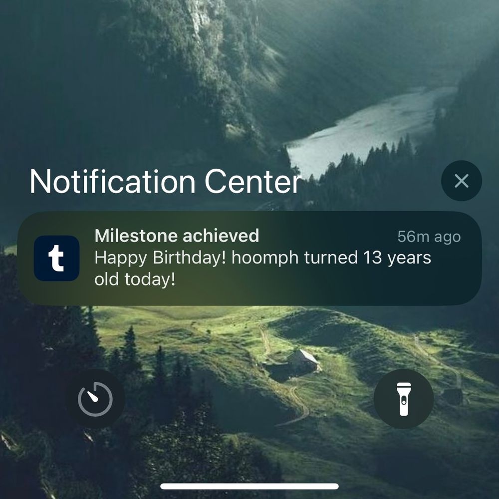 Screenshot of a notification that reads, “Milestone achieved: Happy Birthday! hoomph turned 13 years old today!”