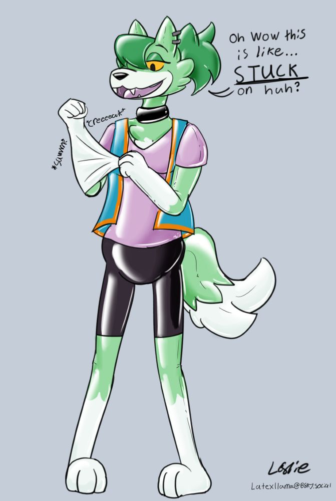 Full body art piece depicting a latex rubber suit of Nance from the youtube series Gamecade. 

Nance is a green, lanky anthromorphic wolf girl with mint green fur. Her forearms, forelegs, end of tail and muzzle are white, the two colours separated by a triangular pattern. She has thick, three toed paws for feet and a medium length, fluffy tail. Her Muzzle is Rounded, with pointed ears, and she's stylistically quite cartoonish. Her left ear has 2 grey banded earings. Her hair is a darker green and covers her right eye with a fringe, and is otherwise tied up in a fluffy ponytail. Her eyes are simple black dots with yellow sclera, and she has visibly pronounced canine teeth. She's shown wearing black exercise shorts, a pink t-shirt and a blue, open vest with orange edging. 
This image depicts her as a latex costume, so her entire body is rendered with a reflective shine. 

She's stool mostly straight, feet pointing inwards, one arm is tugging at the latex of the others forearm, making it stretch with visible sounds of "Sqwrrrrrrk" and "Creeeeeeak". She comments idly: "Oh Wow this is like.. STUCK on huh?"