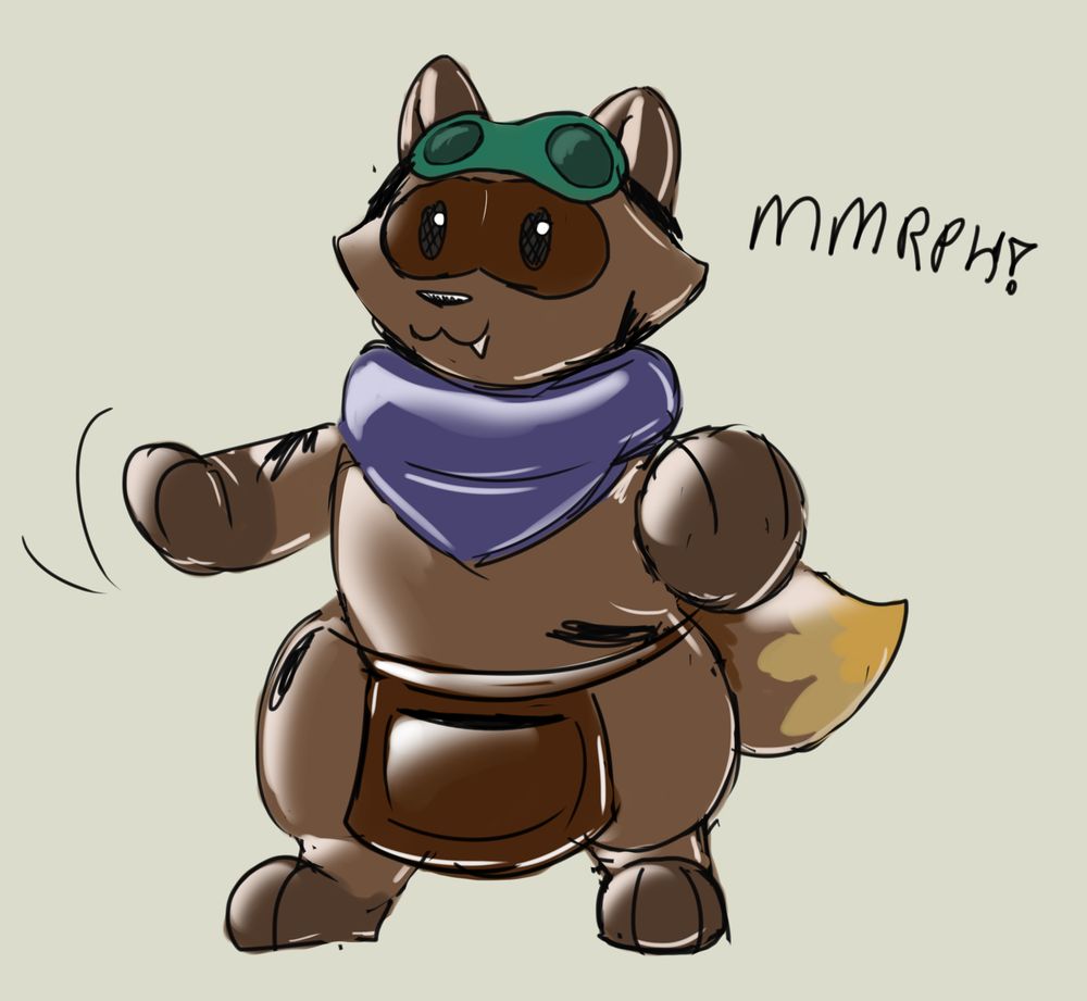 Concept piece for a companion character to Zurui Shūshūka, depicted in the image to the left of this one. Tasukeru the "chat" mascot is a brown anthropomorphic raccoon, standing on two legs. 
His fur is brown, with paws, ears and the bandit mask marking being a darker shade. The round tail becomes a light mustard yellow at the tip, and he's wearing a brown toolbelt pouch around the waist, blue inflated scarf and a pair of green welding goggles on the forehead. 

The paws on both the hands and feet are rounded, with two black printed on lines implying 3 digits, though the actual shape of the rubber is a simple mitten. Black grease markings are peppered over his body. 
He's posed simply, both paws up and feeling around like visibility in the costume is poor and the wearer is feeling around their environment. 
