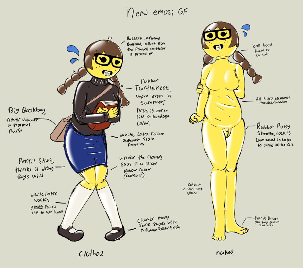 Diagram showing a person wearing a latex rubber costume of a Nerd Emoji, with a ball-hood and yellow catsuit. The left has the costume clothed in a black turtleneck, blue pencil skirt and white socks with black mary jane shoes, as well as a book-bag and book accessory. Posed with knees together, hunched over and clasping a book in a stereotypical "nerdy" pose.
Whereas the right shows the person fully "naked", posed awkwardly with heels together, one arm gripping the other from behind her back. 

The ballhood is a stylized feminine version of the "Nerd" emoji, adding freckles to the cheeks, eyelashes to the eye dots, and medium length brown hair, which is printed onto the hood with the exception of two long pigtails, comprised of several inflated segments to appear like a simplified braid. 
There's various annotated text surrounding the figure, listed below: 
"Nerd Emoji GF
Clothed notes:
-Bobbing inflated ballhood, apart from the pigtails everything is printed on
-Rubber turtleneck, worn even in summer, neck is boned like a bondage collar
-Big bookbag, never wears a normal purse
-White, latex rubber Japanese style panties
-Pencil skirt, thinks it drives boys wild
-Under the clothes, skin is a bright yellow rubber (catsuit)
-White latex socks, always pulled up to her knees
-Clumsy mary jane shoes with a rubber coat/finish

Naked notes:
-Ballhood fused to catsuit
-All furry elements enclosed/hidden
-Rubber pussy sheathe, cock is laminated in latex to serve as the clit
-Catsuit is skin-tight, glued 
-hands & feet are fully gloved/toed socks 