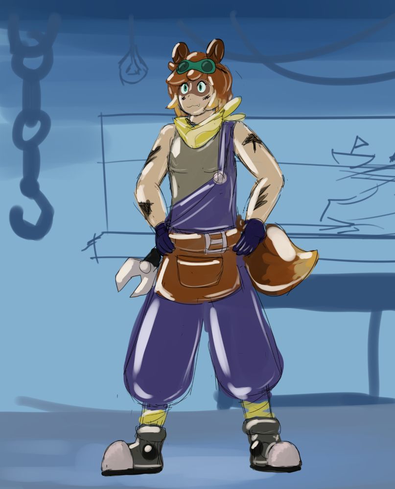 Concept piece for the a kigurumi of the character Zurui Shūshūka, a racoon kemonomimi mechanic v-tuber. 
His animal parts are comprised of a brown raccoons tail and ears, the tail being a lighter beige near the tip. He has a bandit mask marking over his face, otherwise appearing human. He's clothed in blue overalls and a tank top, the right shoulder strap hanging loose. A brown toolbest is secured around his waist, which his black gloved hands are resting comfortably on. A pair of thick steel capped boots are worn on his feet. Lastly a yellow bandanna is tied around his neck, and a pair of green welding goggles are sitting on his forehead. 
He has green eyes and a light snaggletooth. His hair is a light chestnut brown that becomes yellow at the tips, and in this picture he's shown looking forward with a neutral, smiling expression. Black grease markings cover his body, in particular his arms and cheeks. 
The kigurumi is implied to be made of latex rubber, so his entire body and clothing has a reflective sheen, and parts like the hair, ears, tail and overall pants appear inflated. 

He's standing legs apart, hands on hips in a roughly blocked out blue workshop, with a window in the back showing a crude open ocean, beach and dock. 