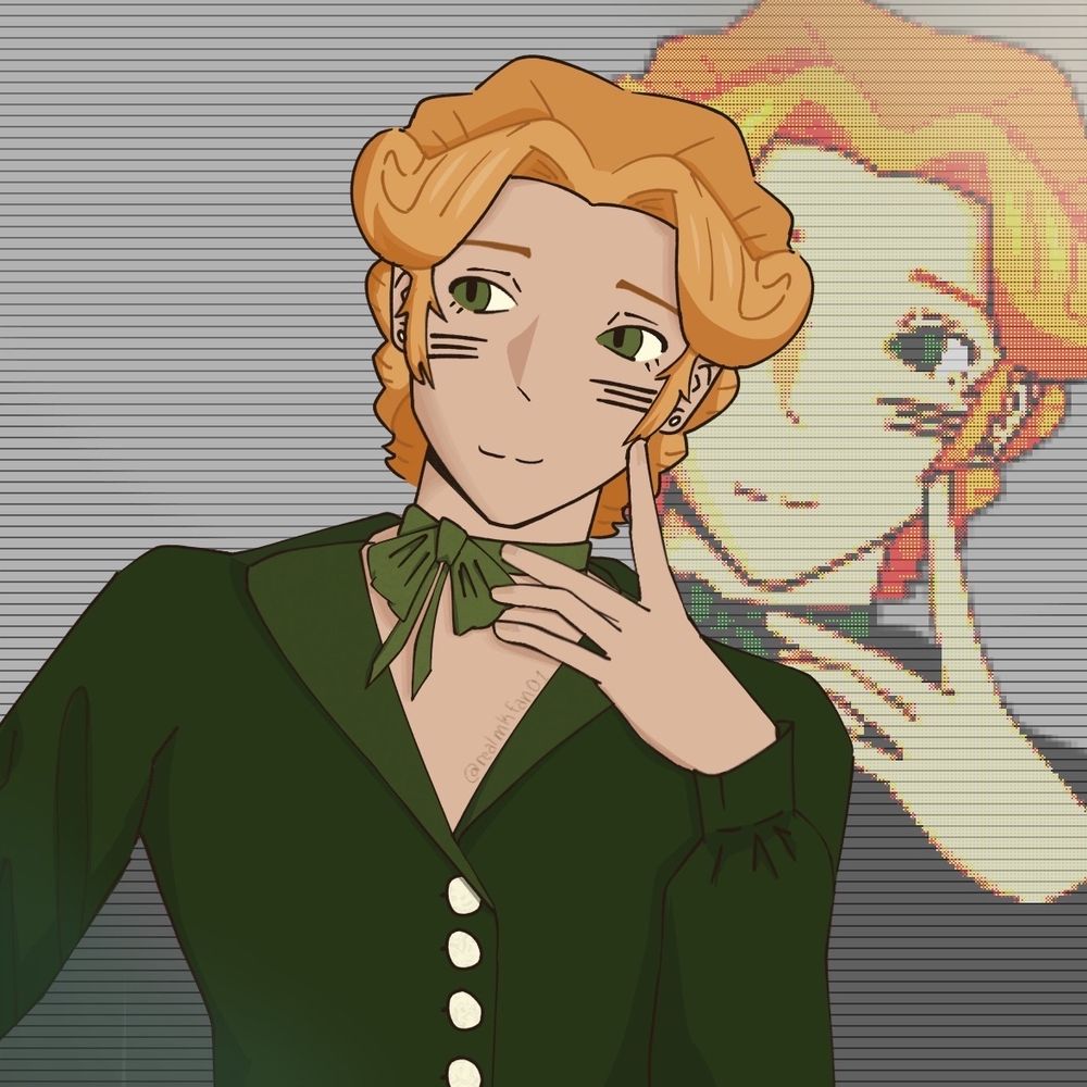 A 1900s manual switchboard operator (also referred to as a “Hello Girl”) with orange hair sporting a green dress.