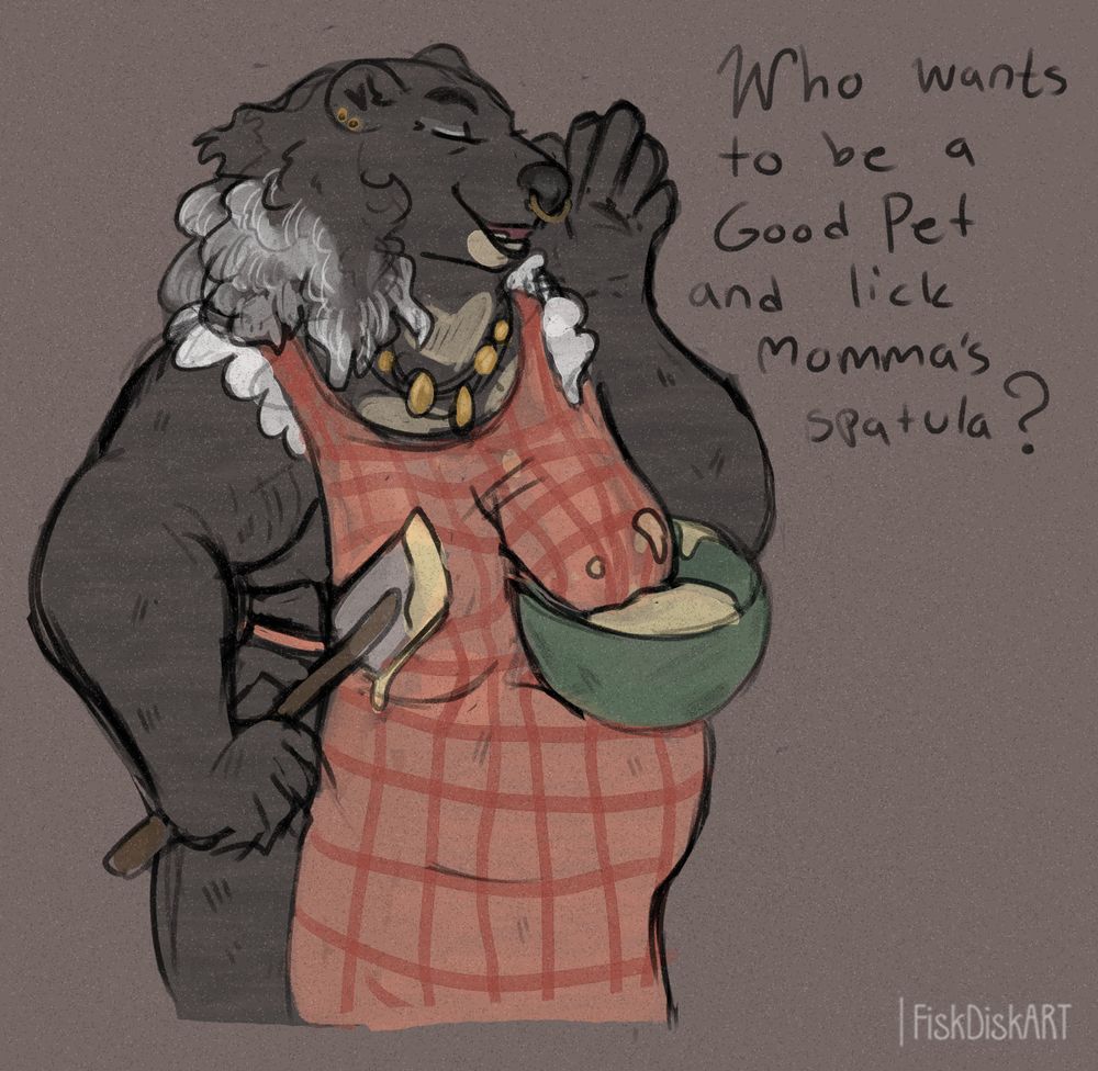 A bear woman who holds a spatula and have her boob holding up a bowl with batter in it. She is in a apron.