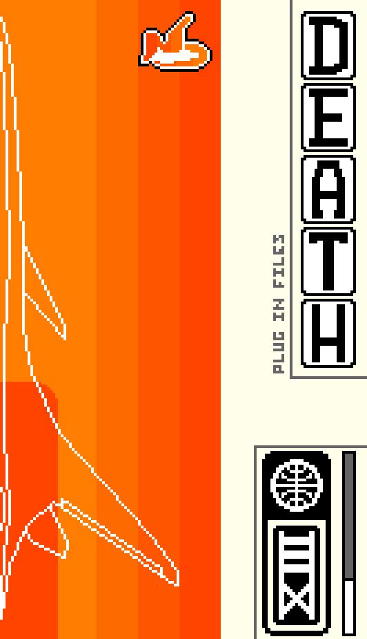 A pixel art version of the 'Death' tarot card. On the left side of the card is an outline of the "R-103 Delphinus #3" aircraft from Ace Combat: Electrosphere. 'DEATH' is spelled out vertically on the right edge of the card. '13', written in Roman numerals, is below it. The logo for the "NEUCOM Incorporated" corporation is at the top of the card.