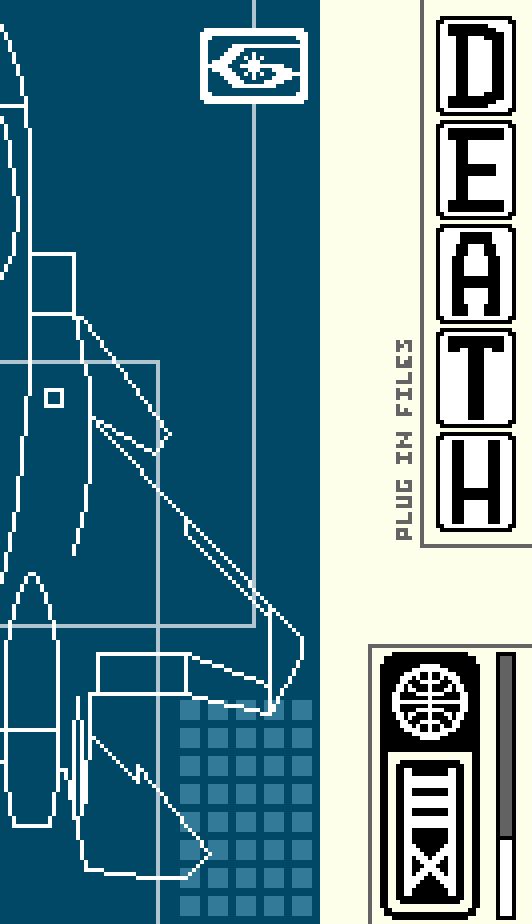 A pixel art version of the 'Death' tarot card. On the left side of the card is an outline of the "F-15S/MT Eagle+" aircraft from Ace Combat: Electrosphere. 'DEATH' is spelled out vertically on the right edge of the card. '13', written in Roman numerals, is below it. The logo for the "General Resource Ltd." corporation is at the top of the card.